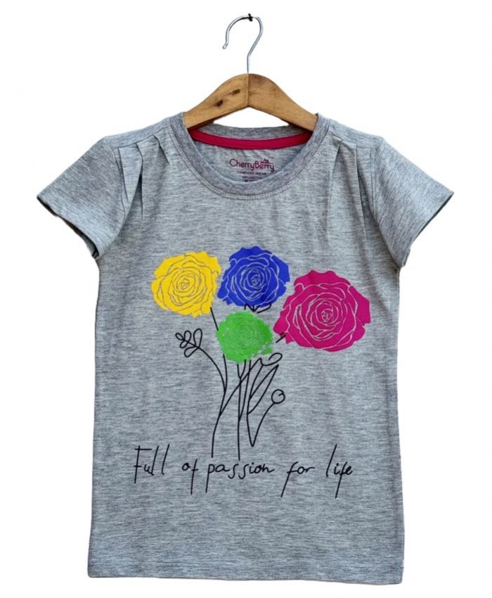 Girls Gray Flower Printed T-shirt