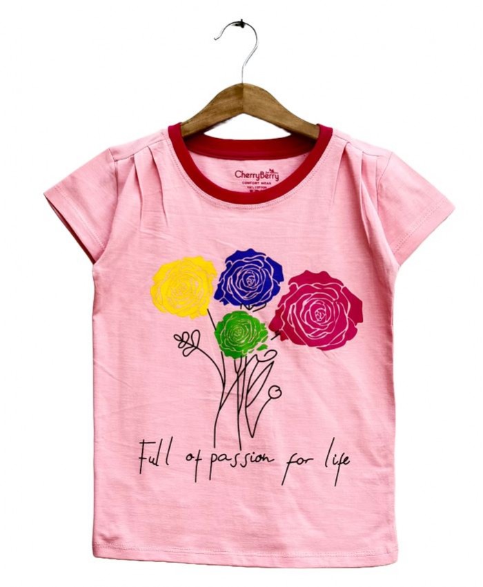 Girls Pink Flower Printed T-shirt