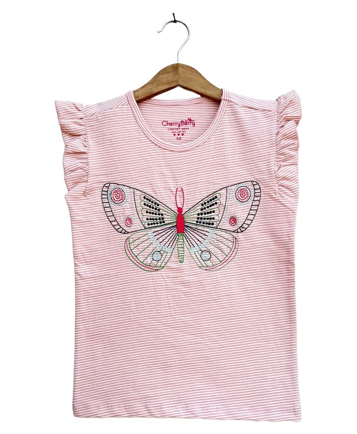 Girls Butterfly Embroidery T-shirt